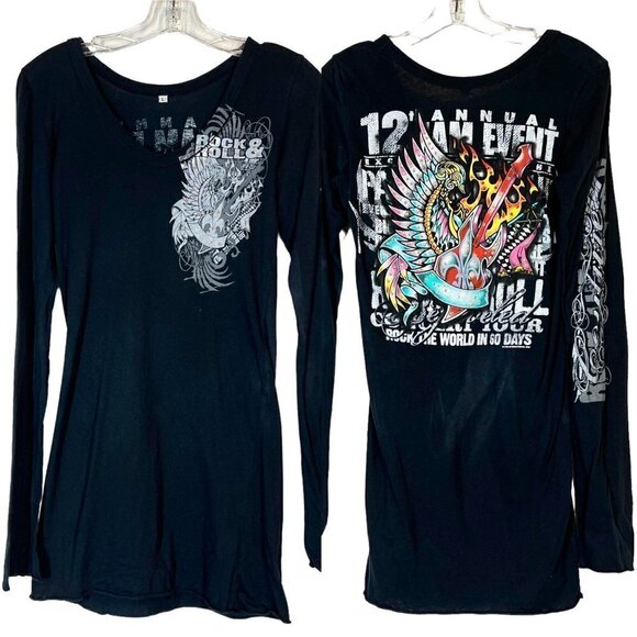 Vintage Black Mini Dress Tunic Top Rock Swarovski Rhinestone Retro Winged Guitar - Picture 3 of 12